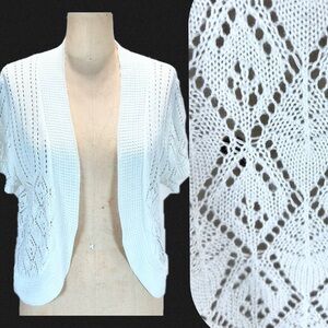 Eyelet lace white‎ knit sweater cardigan open front shoulder shrug lightweight